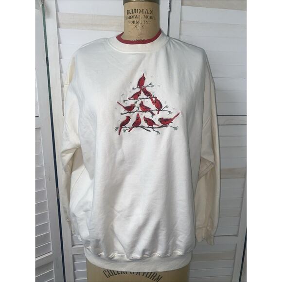 Vintage 90s M&C Sportwear OffWhite Christmas Cardinal Sweatshirt Women’s X-Large - Picture 1 of 9